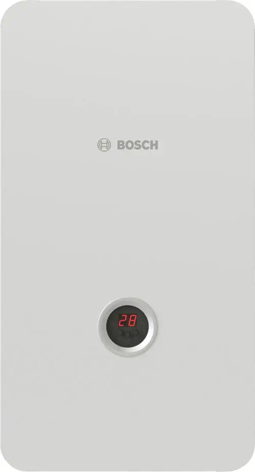 Weißer Elektro-Heizkessel von Bosch, wandhängend, mit digitalem Display, das die Temperaturanzeige zeigt. Schlichte Bauform ohne sichtbare Bedienelemente.